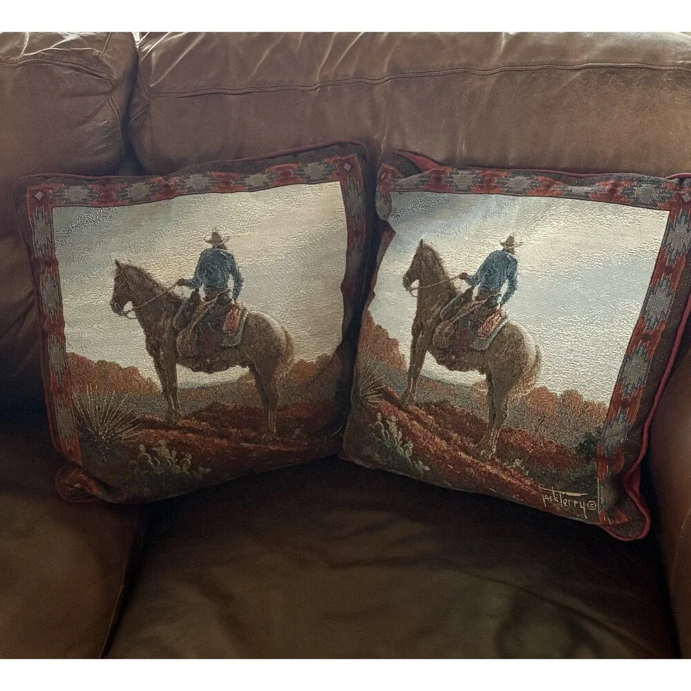 VTG SET Of 2 JACK TERRY WESTERN COWBOY ON HORSE TAPESTRY THROW PILLOWS 16x16